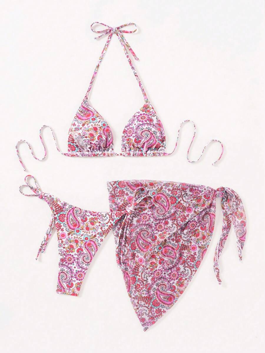 SHEIN Swim Summer Swimwear Set, Random Print, Removable Padded Cups, Three-Piece Set, Copyrighted - Multicolor - View 1