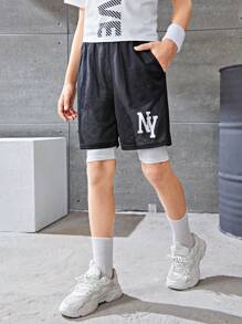 SHEIN 青少年男孩休闲运动拼色针织短裤，带字母印花二合一设计，采用网眼面料 - 彩色 - 查看 5