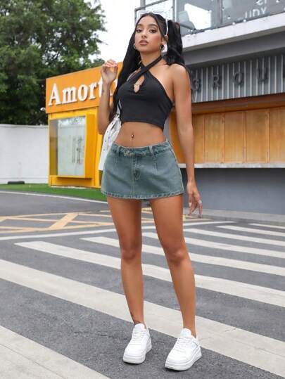 SHEIN ICON Women Summer Casual Basic Inner Lined Denim Mini Skirt