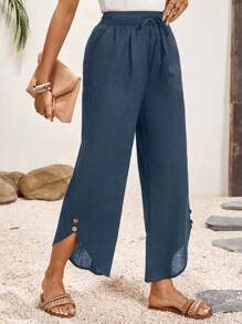 SHEIN LUNE Linen Solid Color Simple Daily Women\ Long Pants - Navy Blue - View 6