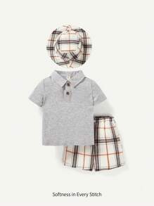 Cozy Pixies 男嬰素色POLO衫&格紋短褲&帽