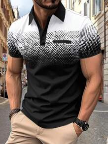 Digital Printed Gradient Men's Tennis Polo Shirt With Short Sleeve, Chest Pocket Design, Leisure Wear For Summer, Breathable - Black and White - View 2