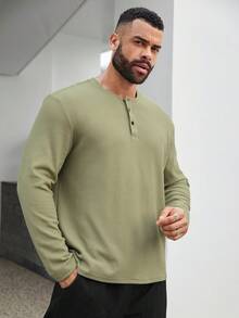 Manfinity Homme 男款加大尺碼圓領純色休閒長袖Polo衫 - 綠色 - 查看 7