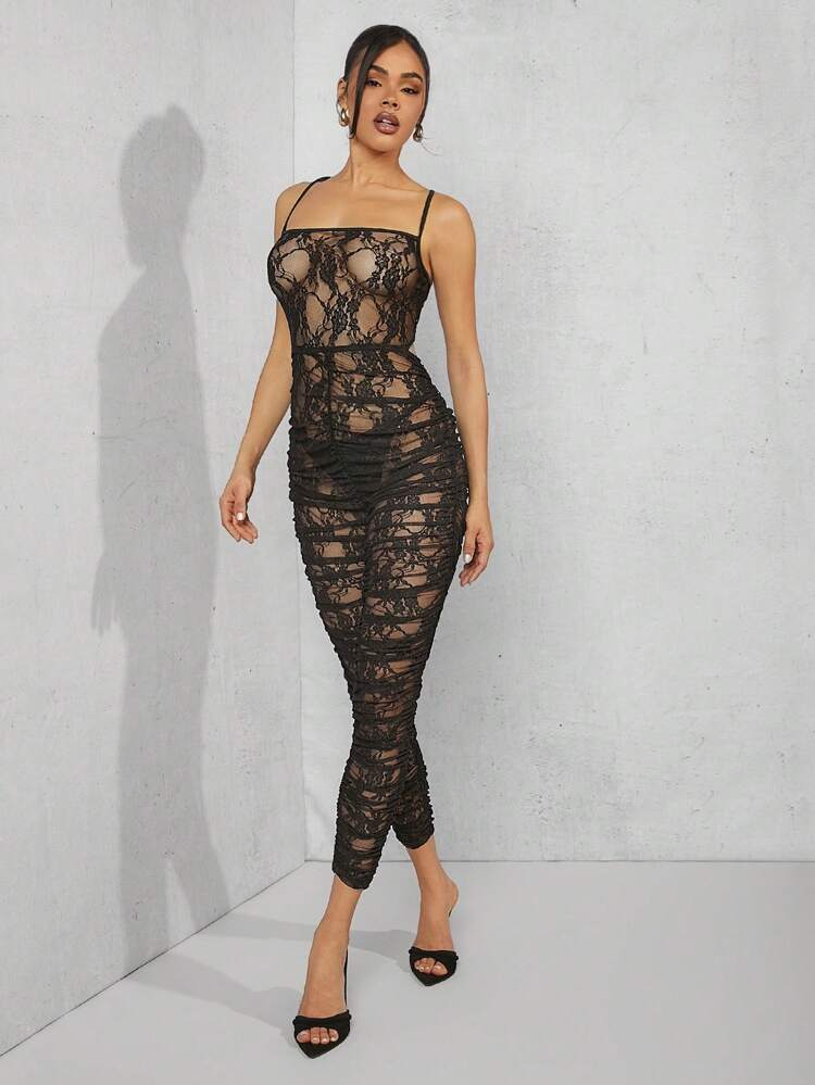 Lace Ruched Backless Cami Unitard Jumpsuit