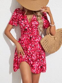 SHEIN Frenchy 女士時尚印花雪紡收腰連袖A字裙