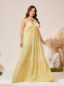 SHEIN Belle فستان صديقة العروس الأذواق البوهيمية بحجم كبير وحواف مزدوجة وخصر عالي للاستخدام الخارجي بلون أصفر فاتح