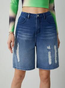 SHEINNeu Women Solid Color Distressed Denim Shorts With Pockets And Buttons