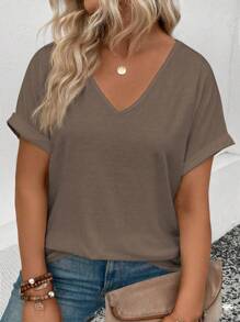 INAWLY Plus Size Solid Color V-Neck Batwing Sleeve T-Shirt, Summer - Coffee Brown - View 1