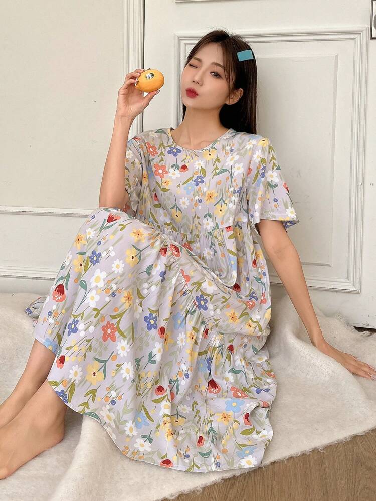 Women Fashionable Round Neck Loose Fit Long Summer Nightgown Dress With Printed Pattern Pajama, Moo Moo Sleep Dress