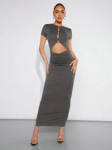 Hauture Women Solid Color Hollow Out Ruched Bodycon Dress For Summer