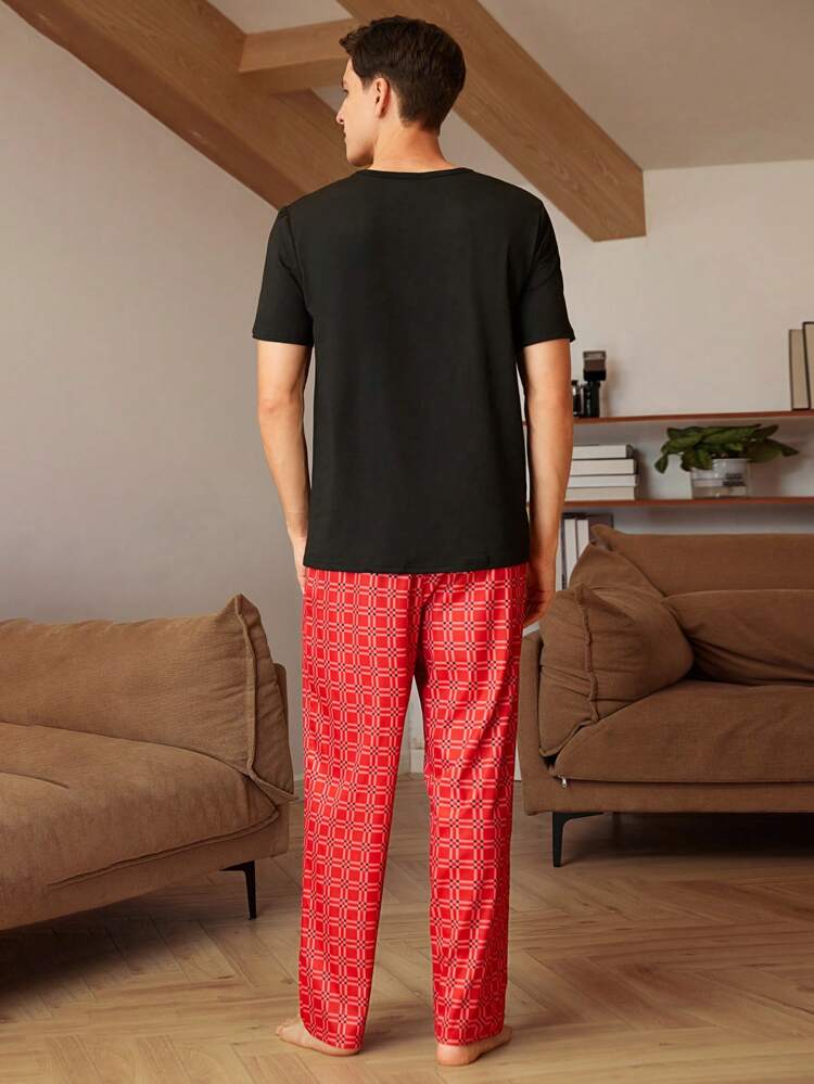 Men Letter Print Round Neck Short Sleeve T-Shirt And Geometric Print Long Pants Homewear Set
