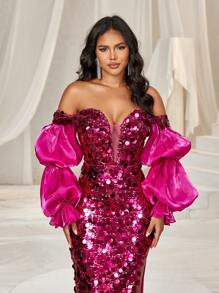SHEIN Belle 优雅、性感、华丽、精致迷人、时尚流行女式玫红色大亮片抹胸深V肩带胸垫，聚拢防走光网眼，莲花接缝袖，高腰，紧身剪裁，遮臀曲线，高侧开衩，鱼尾下摆，超长及地长款厚重工艺正式舞会晚宴礼服长袖半正式婚礼宾客礼服，适合生日、毕业典礼、返校节