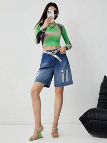 SHEINNeu Women Solid Color Distressed Denim Shorts With Pockets And Buttons