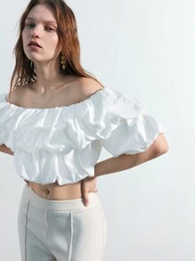 Maija 女式露肩白色露肩上衣，带有夸张的荷叶边饰边，适合毕业季和夏季 - 白色 - 查看 5