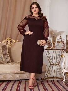 Modelyn 勃艮第红色加大码优雅长袖网眼蕾丝拼布紧身连衣裙 - 酒紅色 - 查看 1