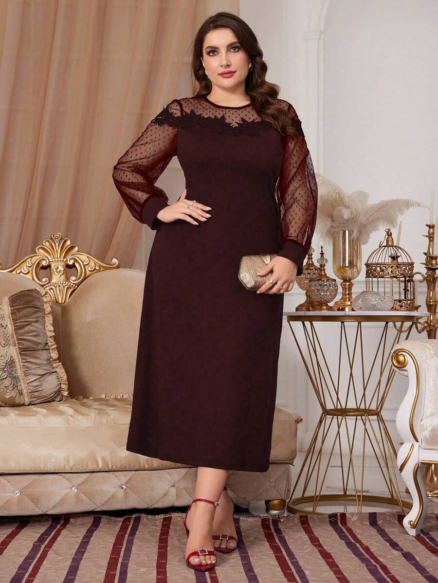 Modelyn 勃艮第红色加大码优雅长袖网眼蕾丝拼布紧身连衣裙 - 酒紅色 - 查看 1