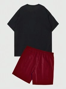 ROMWE MEN Goth 2 件套男士图案印花圆领短袖 T 恤和抽绳腰短裤，休闲装 - 彩色 - 查看 2