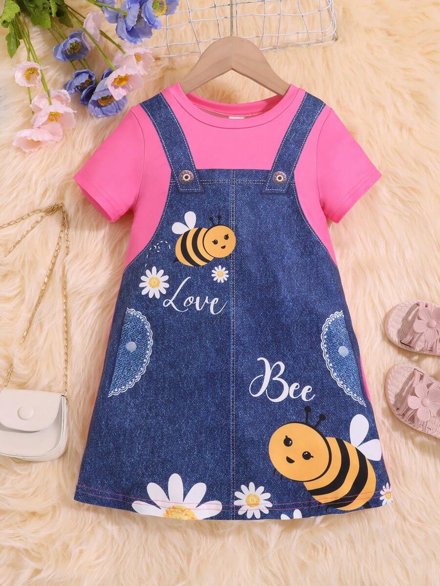 SHEIN Young Girls Bee Print Simple Dress - Hot Pink - View 1