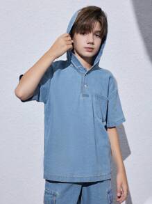 Tween Boy Fashionable Casual Streetwear Short Sleeve Hooded Denim Top And Workwear Denim Suit - Light Wash - View 6