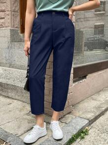 Calvaya 加大纯色斜口袋七分裤海军蓝裤子休闲裤女高腰蓝裤子高腰裤休闲裤