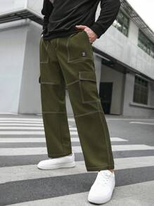 Manfinity VCAY Pantalone casual in tessuto con gamba diritta (taglie forti) - Verde militare - Visualizzare 1