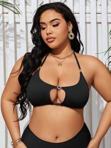 Swim SXY Summer Beach Plus Size Solid Color Hollow Halterneck Swimwear Top