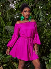 Slaydiva New Short Off Shoulder Lantern Sleeve Solid Color Dress With Drawstring Waist And Pocket Details - S