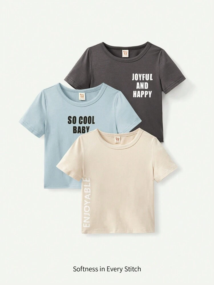 Baby Boy's Soft Knit Letter Printed Round Neck T-Shirt Set, 3pcs