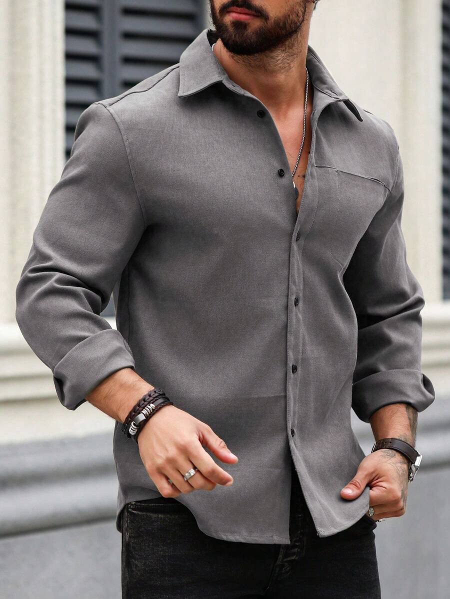 Manfinity Homme Men Casual Solid Color Long Sleeve Shirt, Spring/Autumn, Winter - Dark Grey - View 1