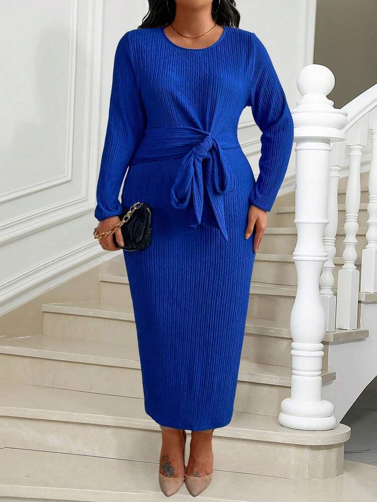 Plus Size Women Fashion Solid Color Long Sleeve Dress