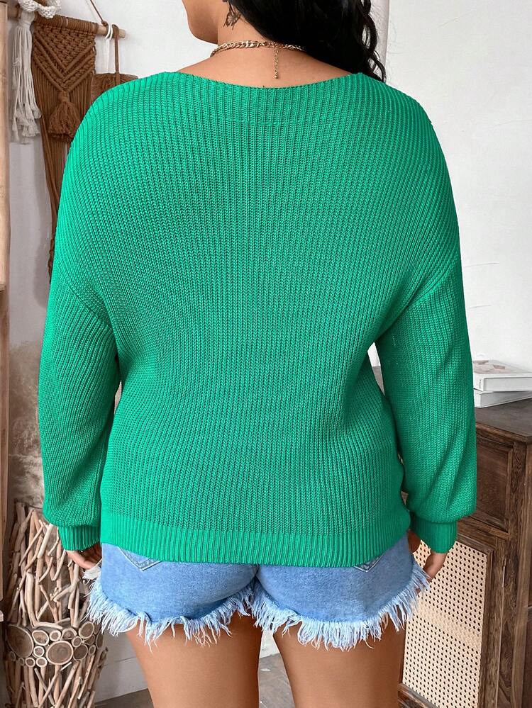 Plus Size Lantern Sleeve Women Pullover Sweater With Twisted Knot Design