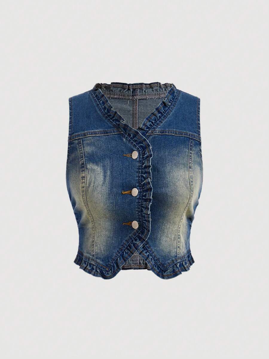 SHEIN MOD 女款復古修身彈性牛仔上衣，帶有可愛的荷葉邊領口 - 中等水洗藍 - 查看 1