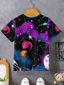 SHEIN Leap Crew Young Boy Casual Simple Cartoon Space Pattern Short Sleeve Round Neck T-Shirt Suitable For Summer - Multicolor - View 3
