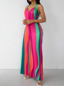 Lyxana Women Colorblock Halter Wide-Leg Jumpsuit With Belt Summer Vacation