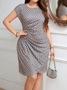 SHEIN Clasi Plus Printed Asymmetrical Hem With Gathered Waist Design Dress, Summer