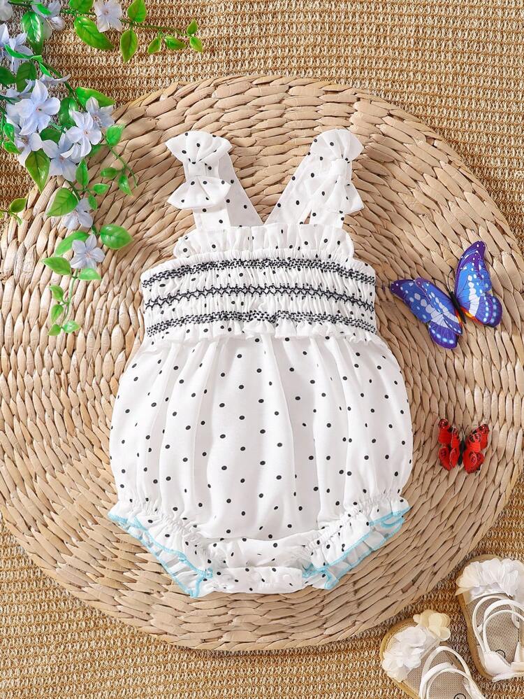 Baby Girls Polka Dot Bodysuit With Bowknot, Ruffled Trim, Decorative Buttons, Comfortable And Soft Materials, Suitable For Spring And Summer
