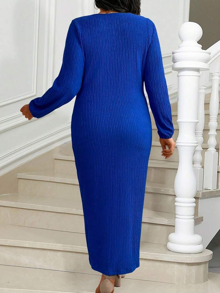 Plus Size Women Fashion Solid Color Long Sleeve Dress