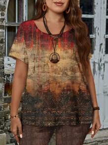 EMERY ROSE Sommerliche, lässige Retro T-Shirt Top und schmale 7/8 Leggings Set, Damem 2 Stücke Outfit in großen Größen