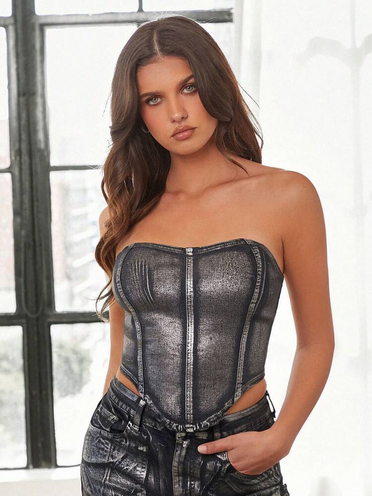 Women Summer Metallic Sense Asymmetric Hem Slim Fit Strapless Denim Top