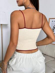 SHEIN Unity Top Feminina Tricotada de Primavera/Verão com Detalhe de Contraste na Barra, Para Uso Diário - Damasco - Visão 3
