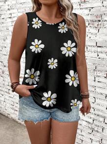 EMERY ROSE Plus Size Floral Pattern Summer Casual Sleeveless Tank Top - Black - View 1
