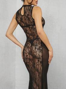 Hauture Vestido de cuello falso de encaje con detalles de contraste en los lados - Negro - Ver 6