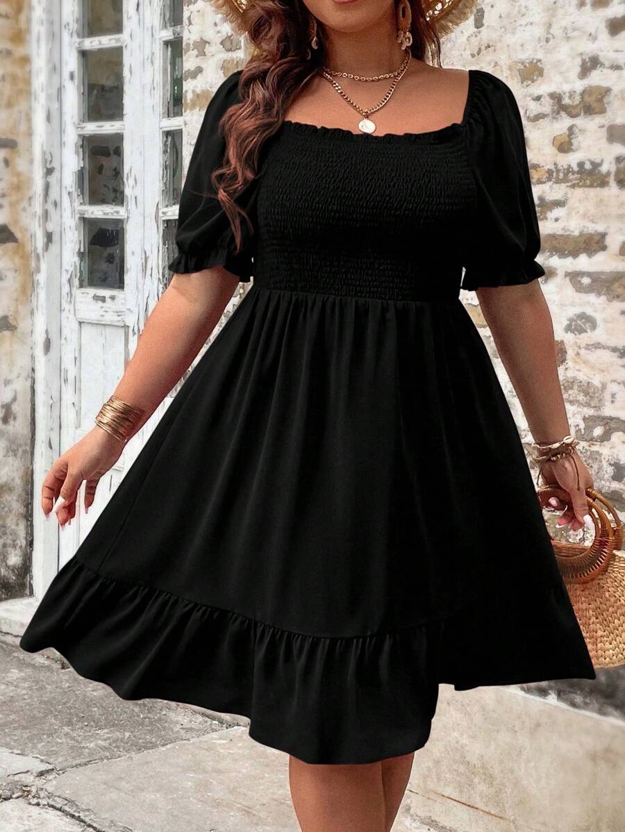 SHEIN LUNE Plus Size Solid Color Square Neckline Sleeveless Summer Dress - Black - View 1