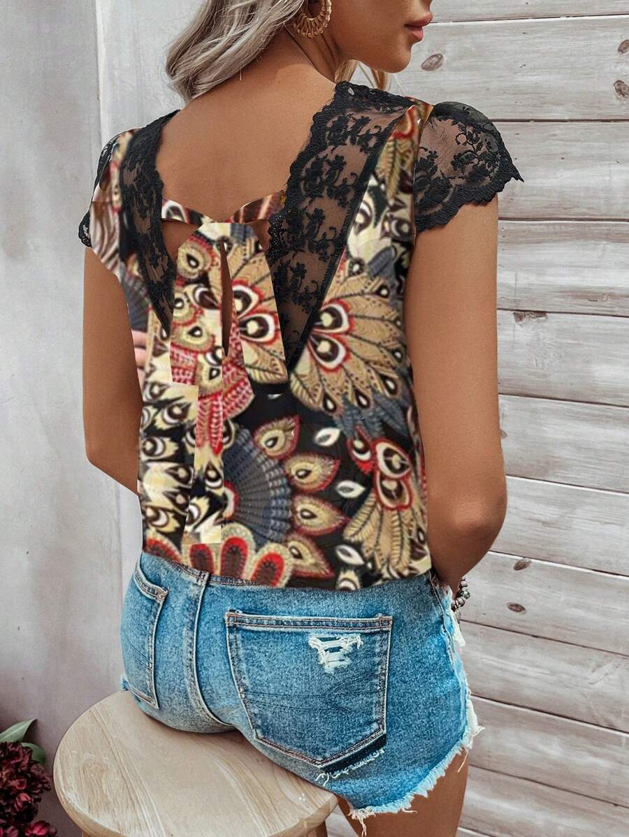 SHEIN LUNE 女士羽毛印花拼接刺繡網眼方領衫，夏季假日風格 - 彩色 - 查看 1