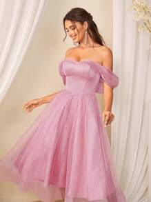 SHEIN Belle 露肩纯色网眼拼接伴娘礼服 - 粉色 - 查看 3