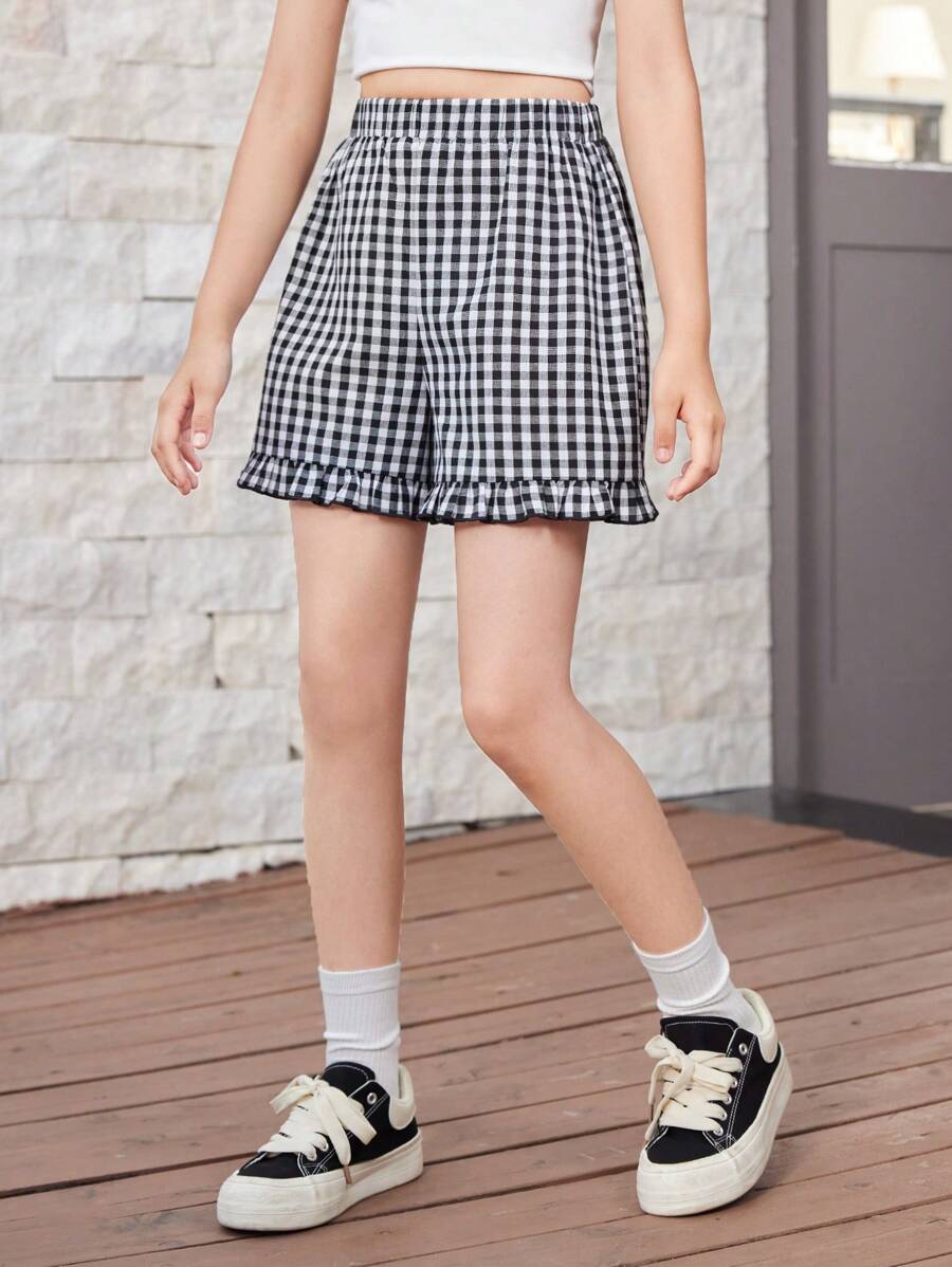 SHEIN Tween Girl Casual Spring Summer Woven Black And White Plaid Straight Shorts - Black and White - View 1