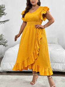 SHEIN Privé Plus Size Elegant Texture Fabric Yellow Dress With Ruffle Hem, Wide Sleeves And Loose Fit For Spring And Summer Vacation On The Beach - Yellow - View 6