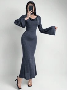 Mulvari Women Long Dress With Swing Neckline Design And Bell Sleeves