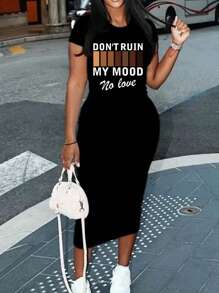 Slaydiva Casual Summer Black Don't Ruin My Mood Printed Round Neck Short Sleeve Bodycon Long Dress