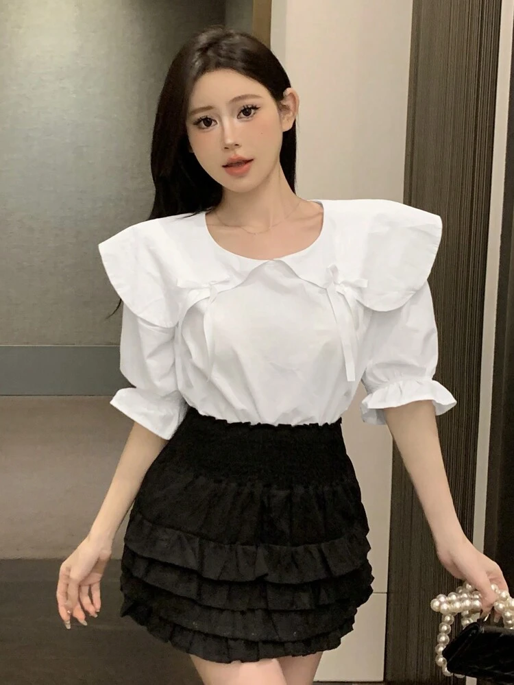 Women Fashionable And Cute Bow Detail Decorated Peter Pan Collar Mid-Sleeve Shirt,Ruffle Long Sleeve Top